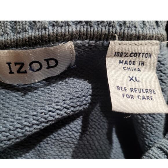 Izod Men’s XL Cornflower Blue Cotton V-Neck Logo Knit Sweater Grandpa Style - Picture 4 of 8